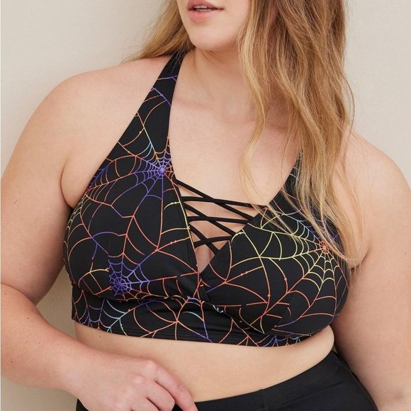 NWT TORRID SWIM TOP - WIRELESS TRIANGLE BIKINI RAINBOW SPIDER WEB PRINT TANKINI - Picture 1 of 8